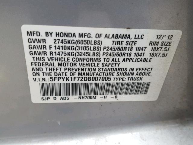 5FPYK1F72DB007005 - 2013 HONDA RIDGELINE SILVER photo 10