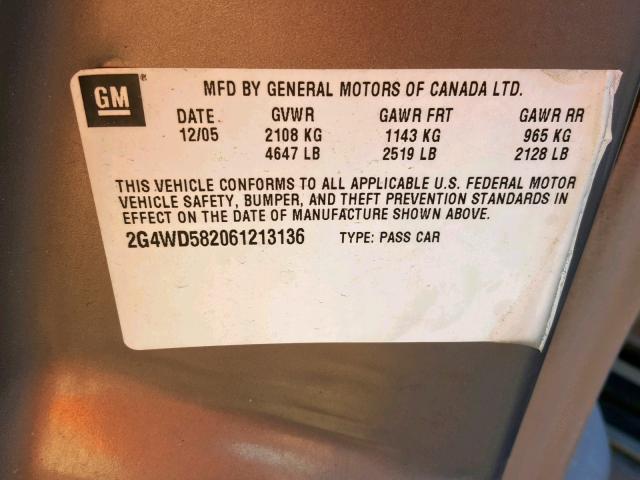 2G4WD582061213136 - 2006 BUICK LACROSSE C GOLD photo 10