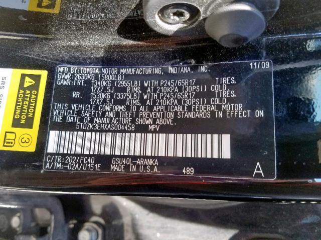 5TDZK3EHXAS004458 - 2010 TOYOTA HIGHLANDER BLACK photo 10