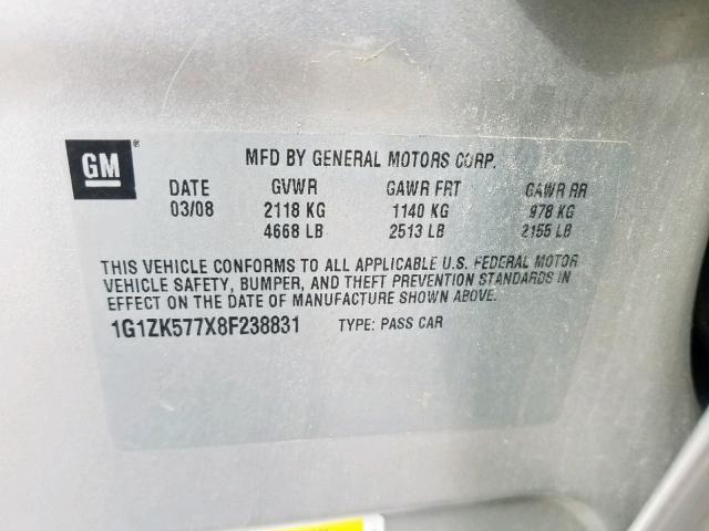 1G1ZK577X8F238831 - 2008 CHEVROLET MALIBU LTZ ვერცხლისფერი ფოტო 10