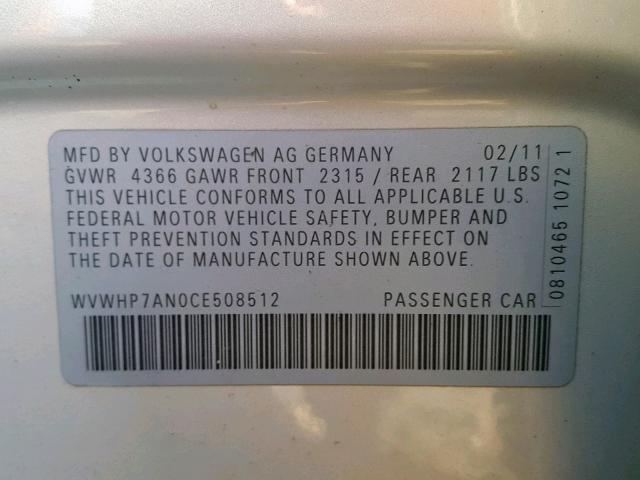 WVWHP7AN0CE508512 - 2012 VOLKSWAGEN CC LUXURY SILVER photo 10