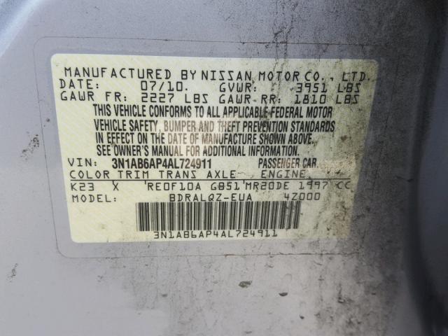 3N1AB6AP4AL724911 - 2010 NISSAN SENTRA 2.0 SILVER photo 10