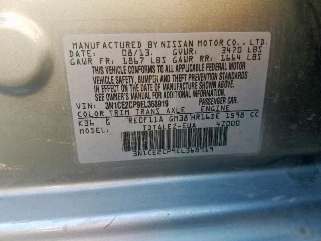 3N1CE2CP9EL368919 - 2014 NISSAN VERSA NOTE GRAY photo 10