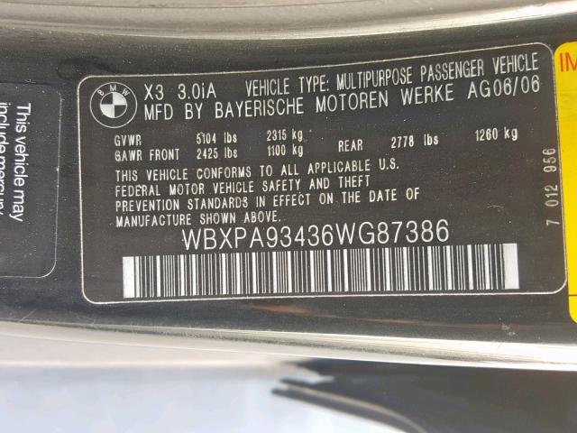 WBXPA93436WG87386 - 2006 BMW X3 3.0I BLACK photo 10