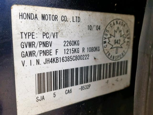 JH4KB16385C800222 - 2005 ACURA RL BLUE photo 10