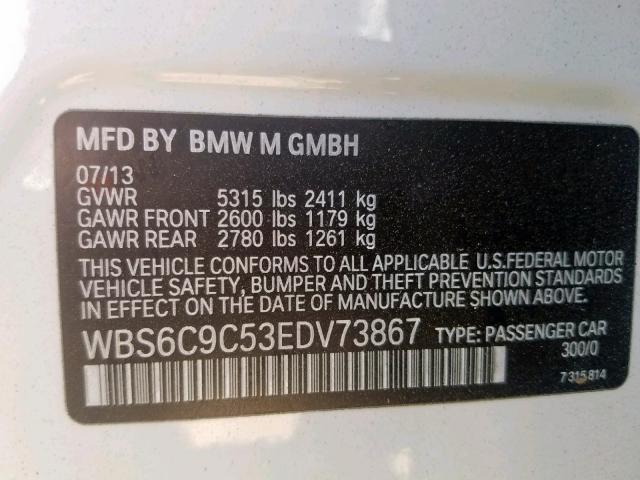 WBS6C9C53EDV73867 - 2014 BMW M6 GRAN CO WHITE photo 10