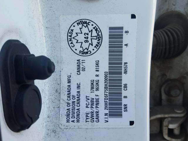 2HHFD5F75BH200903 - 2011 ACURA CSX TECHNO WHITE photo 10