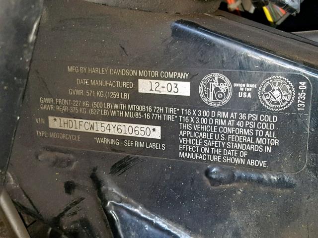 1HD1FCW154Y610650 - 2004 HARLEY-DAVIDSON FLHTCUI BLACK photo 10