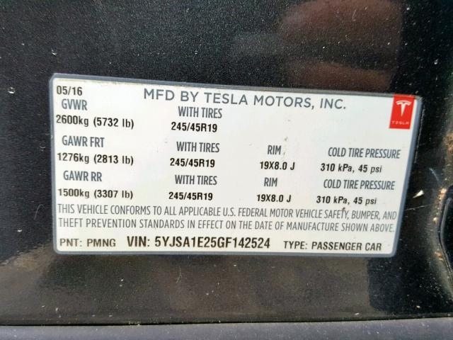 5YJSA1E25GF142524 - 2016 TESLA MODEL S GRAY photo 10