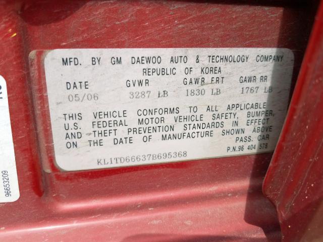 KL1TD66637B695368 - 2007 CHEVROLET AVEO BASE Bordo foto 10