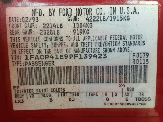 1FACP41E9PF139423 - 1993 FORD MUSTANG LX RED photo 10