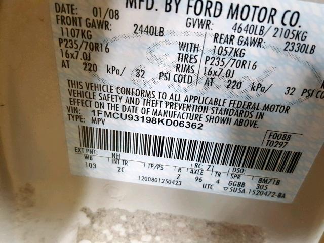 1FMCU93198KD06362 - 2008 FORD ESCAPE XLT WHITE photo 10