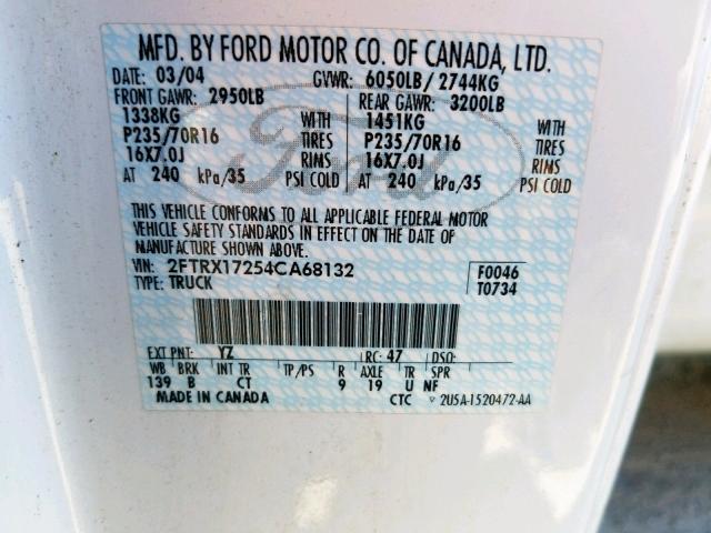 2FTRX17254CA68132 - 2004 FORD F-150 HERI WHITE photo 10