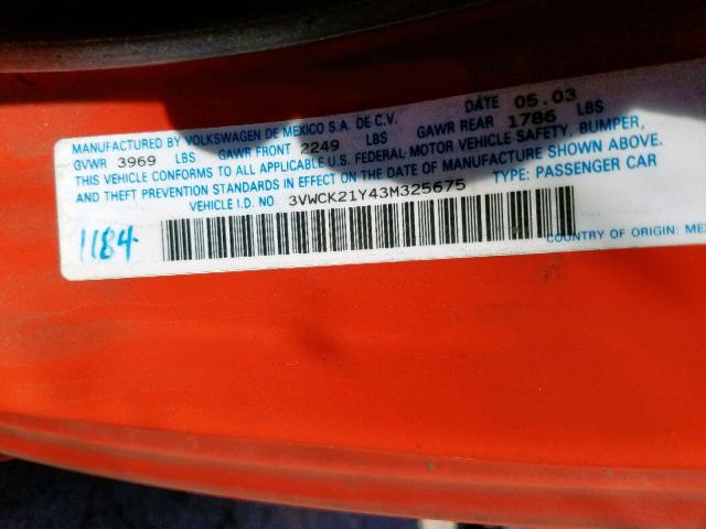 3VWCK21Y43M325675 - 2003 VOLKSWAGEN NEW BEETLE ნარინჯისფერი ფოტო 10