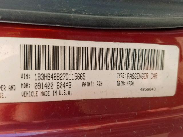 1B3HB48B27D115665 - 2007 DODGE CALIBER SX RED photo 10