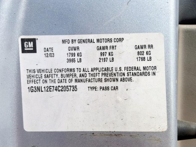 1G3NL12E74C205735 - 2004 OLDSMOBILE ALERO GL SILVER photo 10