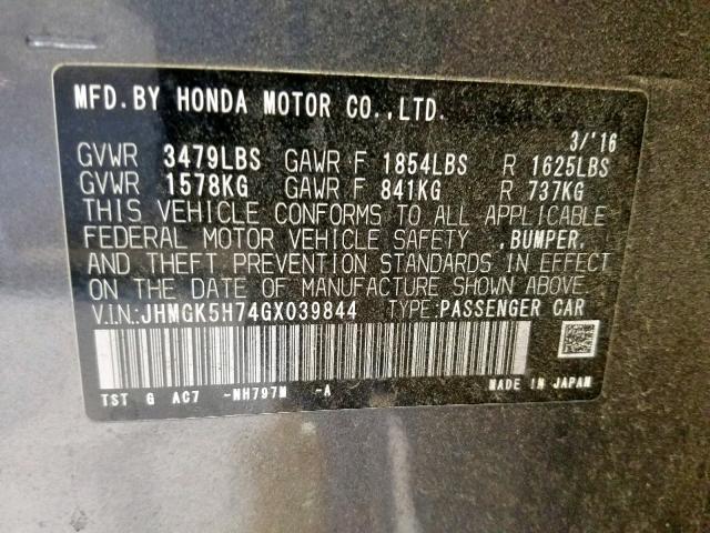 JHMGK5H74GX039844 - 2016 HONDA FIT EX GRAY photo 10