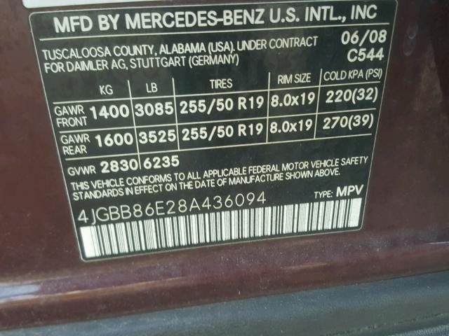 4JGBB86E28A436094 - 2008 MERCEDES-BENZ ML 350 BURGUNDY photo 10