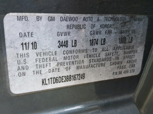 KL1TD6DE3BB167249 - 2011 CHEVROLET AVEO LS CHARCOAL photo 10