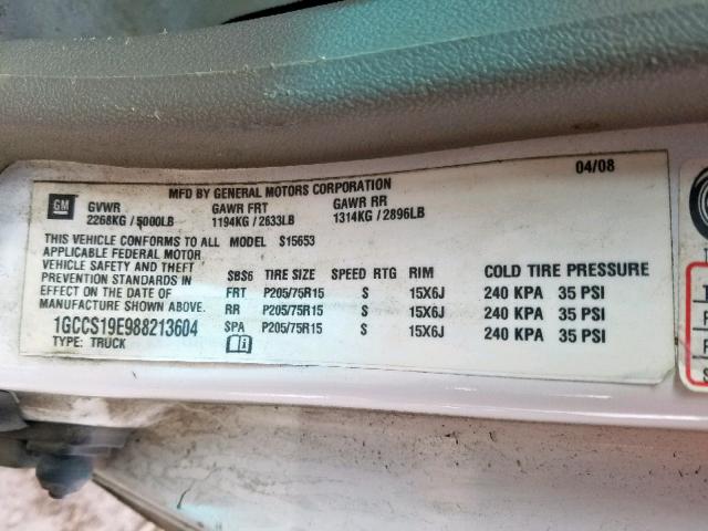 1GCCS19E988213604 - 2008 CHEVROLET COLORADO WHITE photo 10