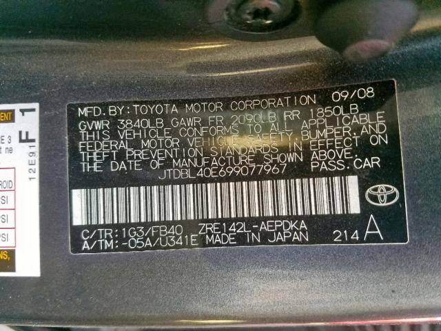 JTDBL40E699077967 - 2009 TOYOTA COROLLA BA GRAY photo 10