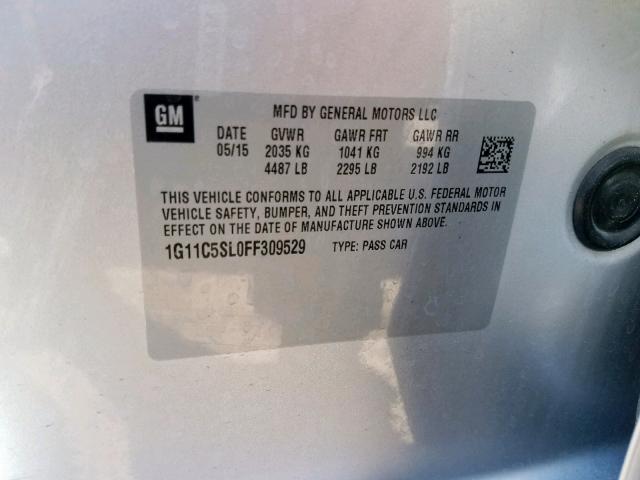 1G11C5SL0FF309529 - 2015 CHEVROLET MALIBU 1LT 银色 照片 10