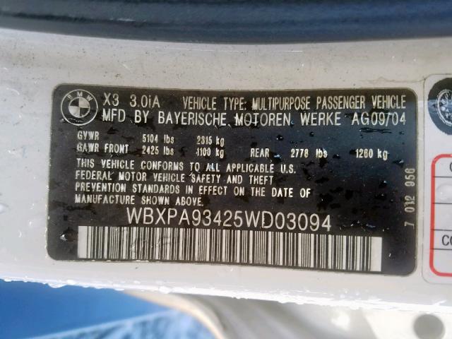 WBXPA93425WD03094 - 2005 BMW X3 3.0I WHITE photo 10