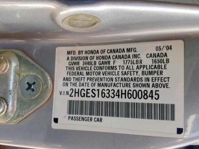 2HGES16334H600845 - 2004 HONDA CIVIC DX V SILVER photo 10