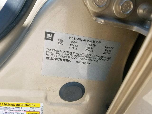 1G1ZS58F78F124890 - 2008 CHEVROLET MALIBU LS TAN photo 10