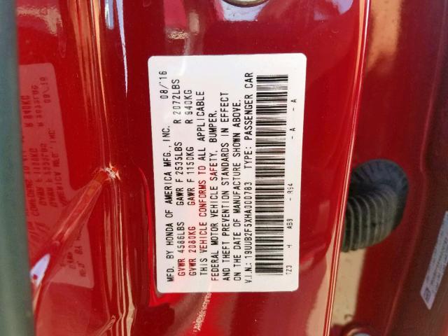 19UUB2F5XHA000783 - 2017 ACURA TLX TECH RED photo 10