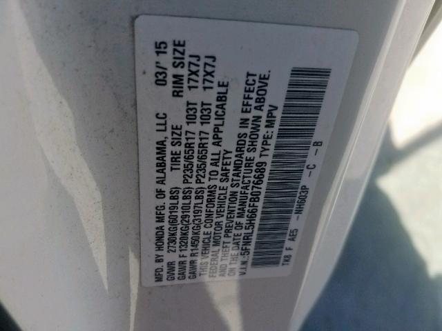 5FNRL5H66FB076689 - 2015 HONDA ODYSSEY EX WHITE photo 10