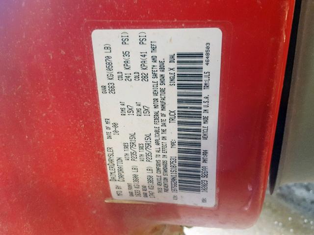 1B7GG2AN11S187531 - 2001 DODGE DAKOTA QUA RED photo 10