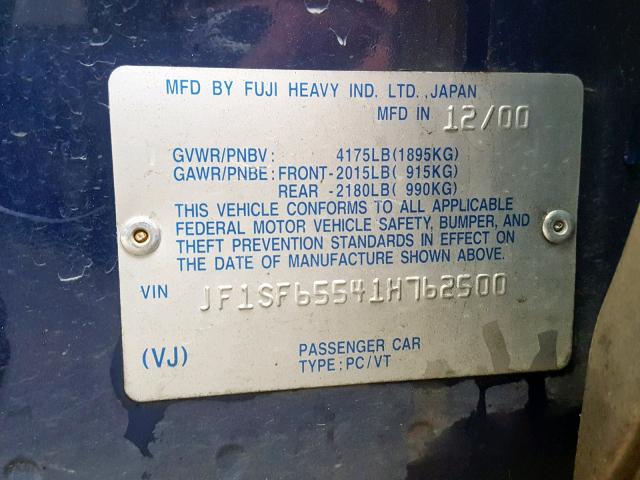 JF1SF65541H762500 - 2001 SUBARU FORESTER S BLUE photo 10