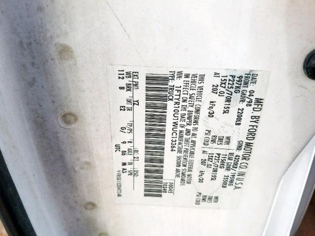 1FTYR10U1WUC13364 - 1998 FORD RANGER WHITE photo 10