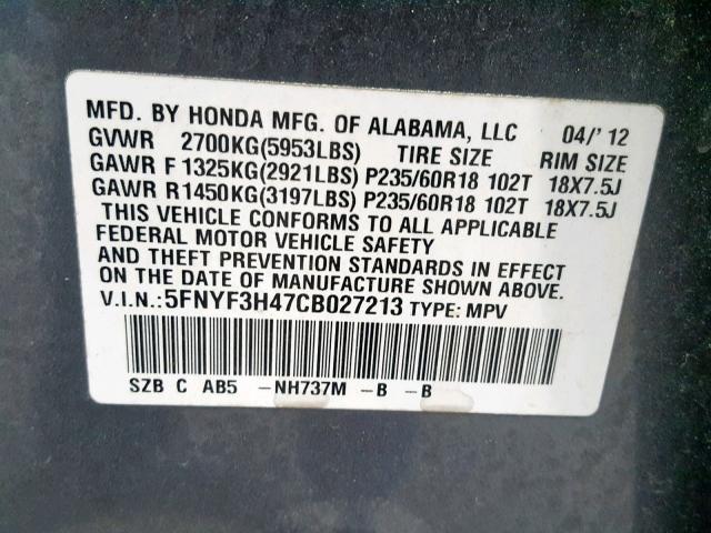 5FNYF3H47CB027213 - 2012 HONDA PILOT EX GRAY photo 10