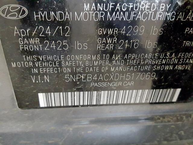 5NPEB4ACXDH517069 - 2013 HYUNDAI SONATA GLS GRAY photo 10