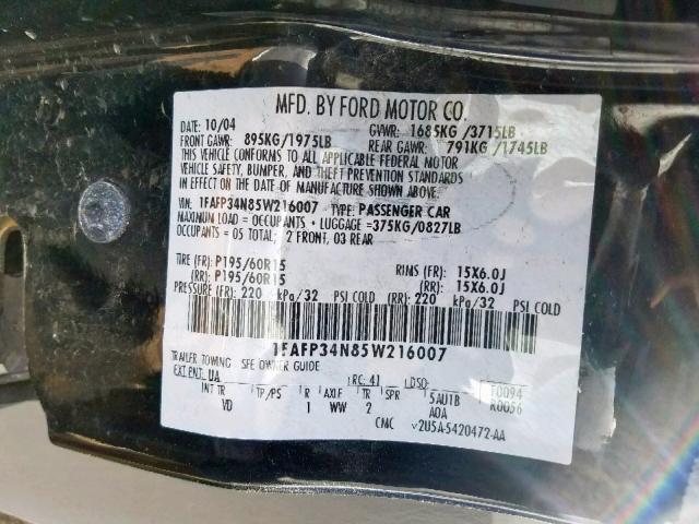 1FAFP34N85W216007 - 2005 FORD FOCUS ZX4 BLACK photo 10