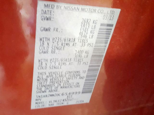 5N1AR2MM2DC654999 - 2013 NISSAN PATHFINDER RED photo 10