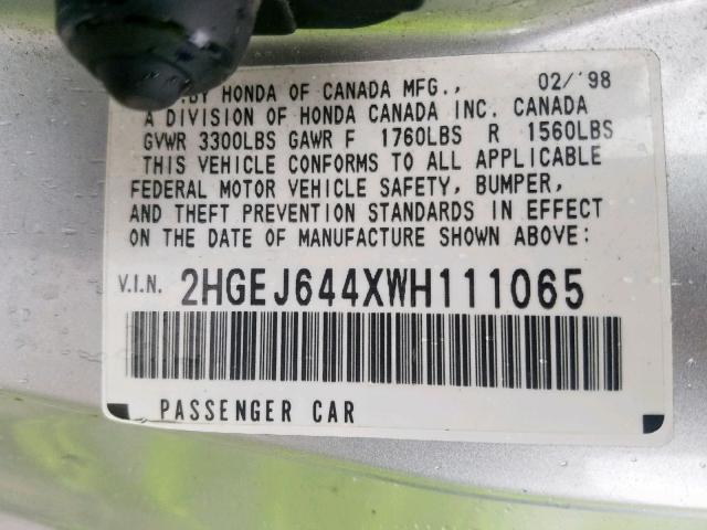 2HGEJ644XWH111065 - 1998 HONDA CIVIC DX SILVER photo 10