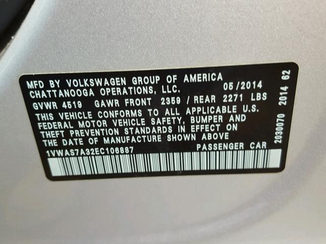 1VWAS7A32EC106887 - 2014 VOLKSWAGEN PASSAT S SILVER photo 10