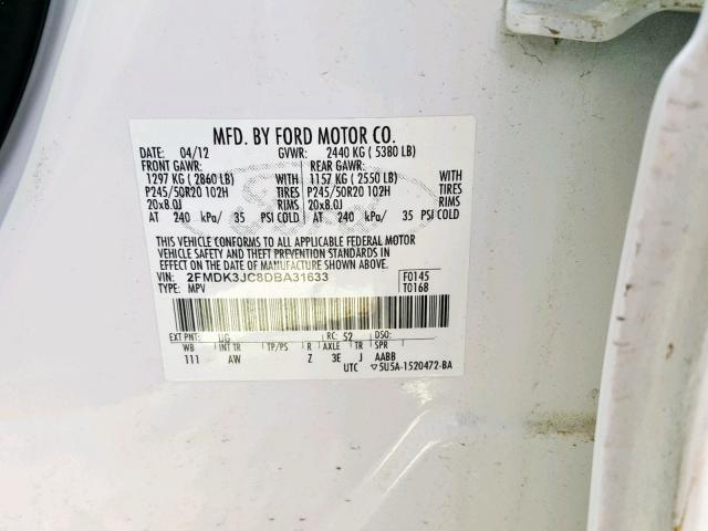 2FMDK3JC8DBA31633 - 2013 FORD EDGE SEL WHITE photo 10