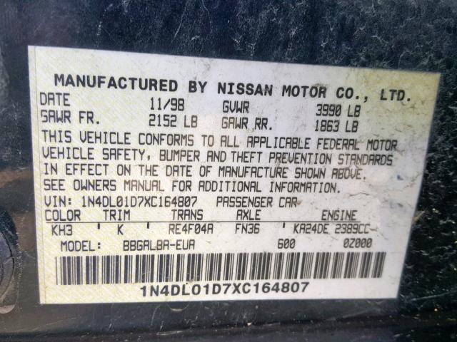 1N4DL01D7XC164807 - 1999 NISSAN ALTIMA XE BLACK photo 10