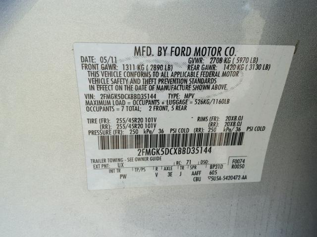 2FMGK5DCXBBD35144 - 2011 FORD FLEX LIMIT SILVER photo 10