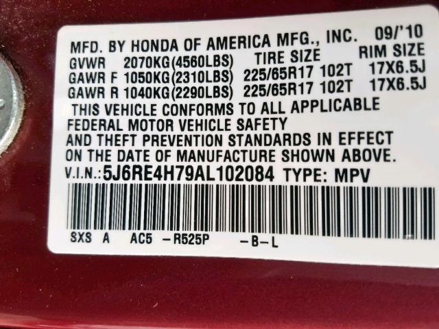 5J6RE4H79AL102084 - 2010 HONDA CR-V EXL RED photo 10