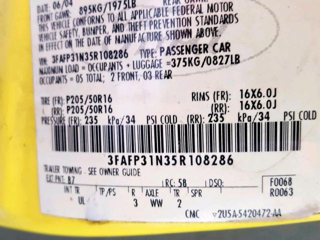 3FAFP31N35R108286 - 2005 FORD FOCUS ZX3 YELLOW photo 10