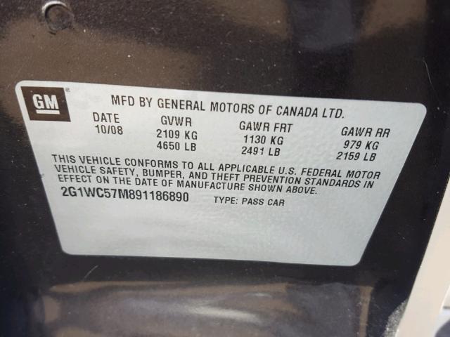 2G1WC57M891186890 - 2009 CHEVROLET IMPALA 2LT BLACK photo 10