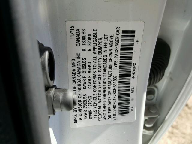 2HGFC1F78GH631887 - 2016 HONDA CIVIC EXL WHITE photo 10