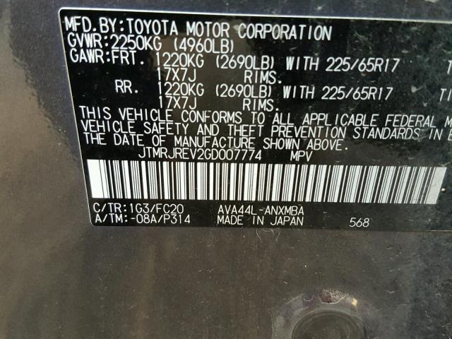 JTMRJREV2GD007774 - 2016 TOYOTA RAV4 HV XL GRAY photo 10