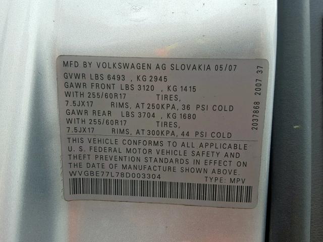 WVGBE77L78D003304 - 2008 VOLKSWAGEN TOUAREG 2 SILVER photo 10