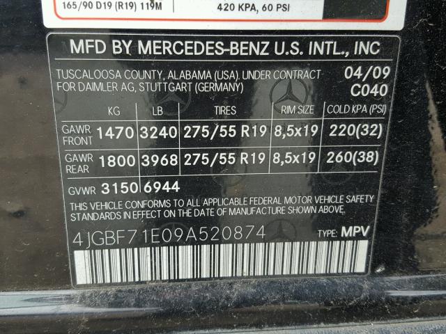 4JGBF71E09A520874 - 2009 MERCEDES-BENZ GL 450 4MA BLACK photo 10